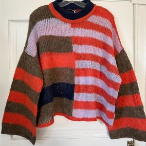 Free People Red, Brown, Navy & Lavender Striped Crewneck Sweater